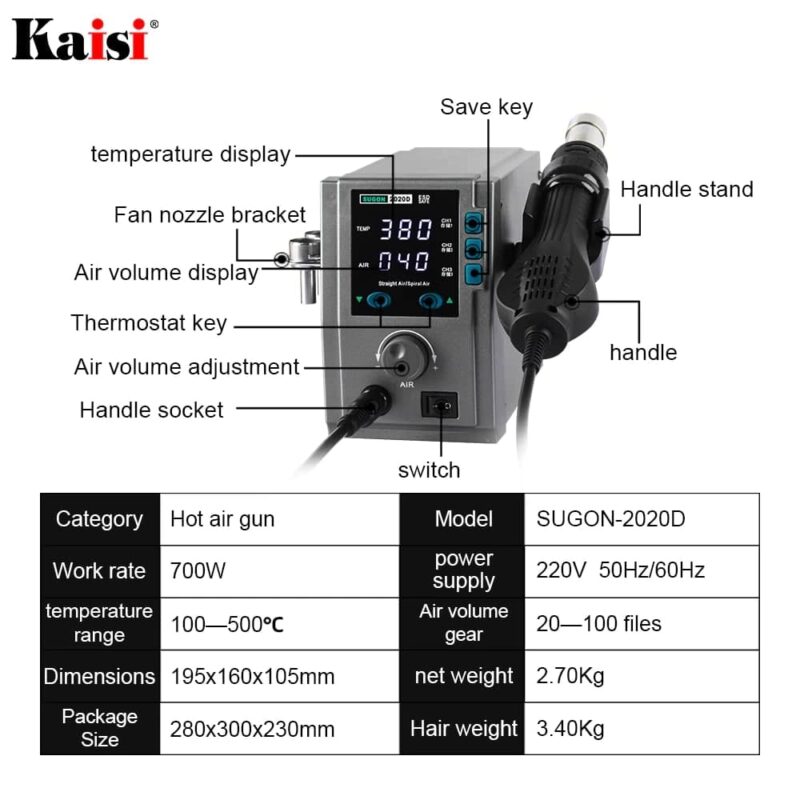 SUGON 2020D heat gun lead free hot air soldering station - Image 2